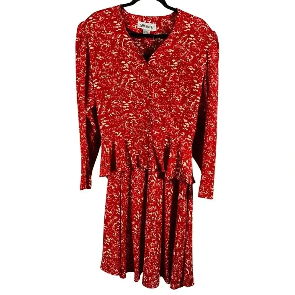 Vintage Argenti Women’s 100% Silk 2 Piece Button Blouse And Midi Skirt Red M